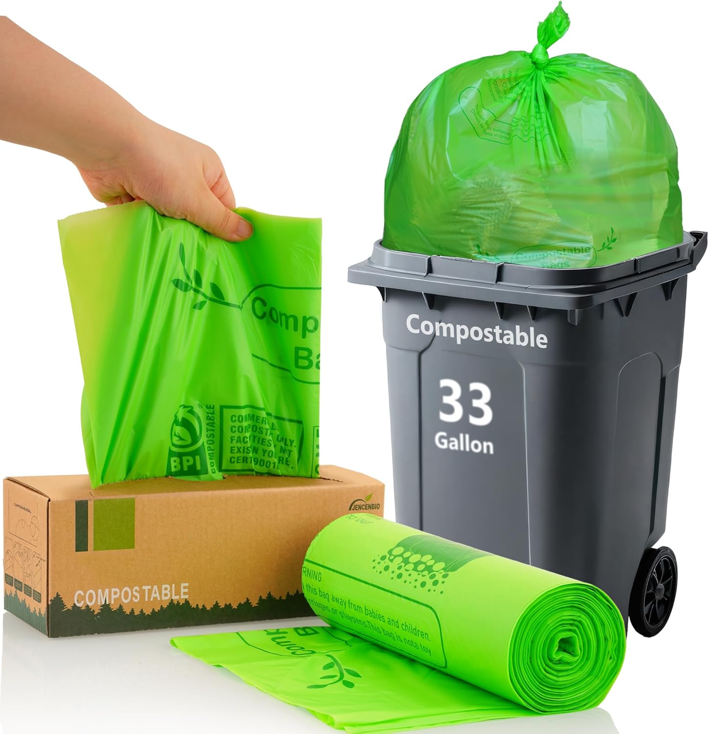 Compost Bags 33 Gallon 125 Liter Extra Thick 1.2 Mils Compostable Food Scrap Waste Bags with US BPI