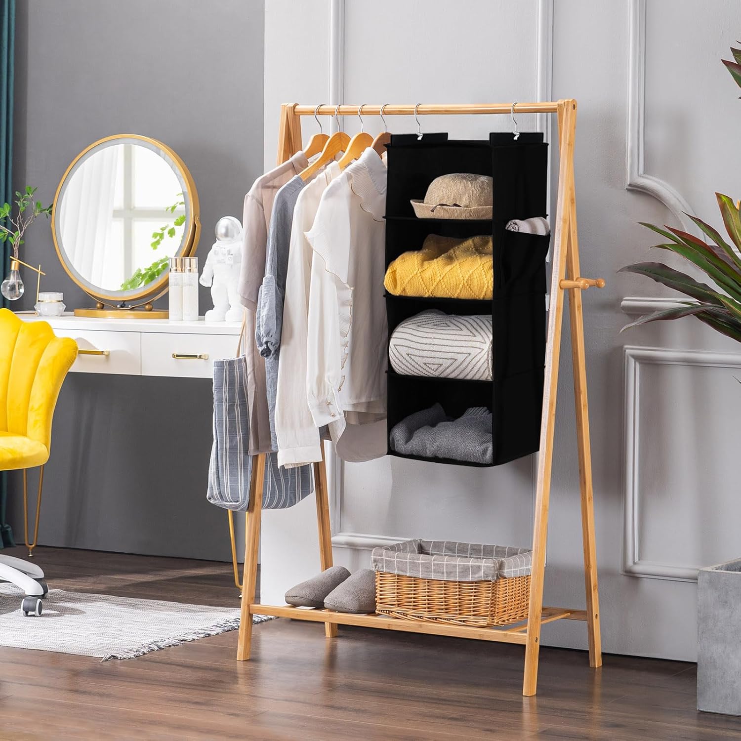 YOUDENOVA Hanging Closet Organizer, 4-Shelf Closet Hanging Storage Shelves, Black