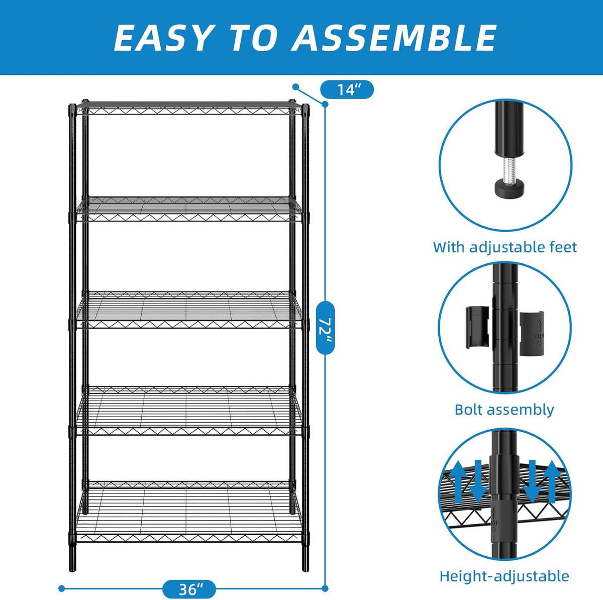 5-Shelf Adjustable Metal Shelf Wire Shelving Unit Storage Rack Display Shelf for