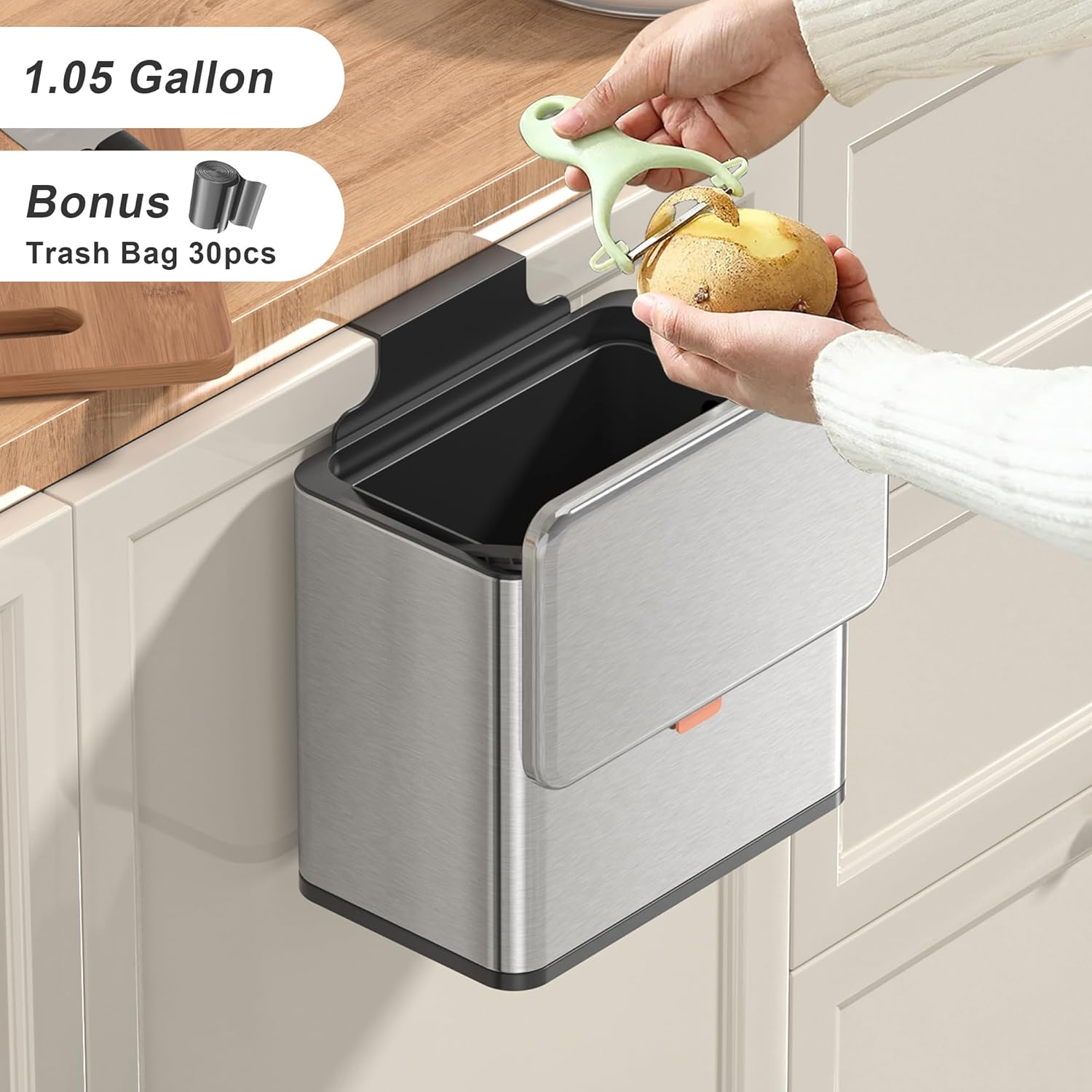 Mbillion Kitchen Compost Bin Hanging Trash Can with Lid 1.05 Gallon Stainless Steel Garbage Can for