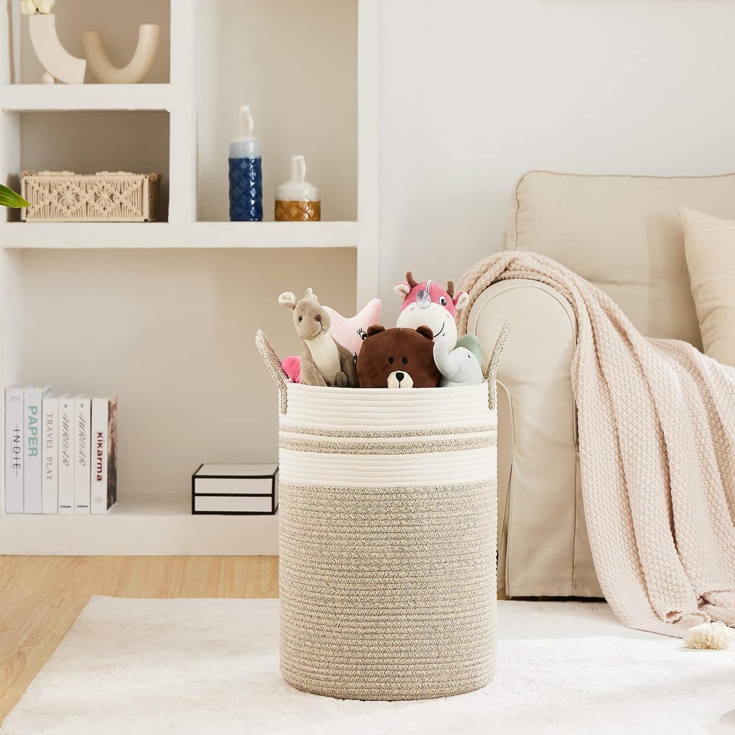 Large Laundry Hamper, Tall Woven Storage Basket for Blankets, Cotton Baby Nursery Hamper, Toys and