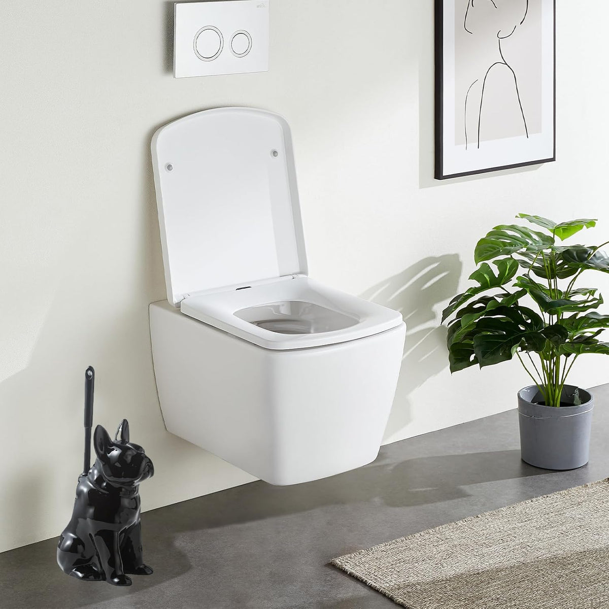 Comeon Ceramic Dog White/Black Toilet Brush and Holder Set, Plastic Handled Scrub Brush for