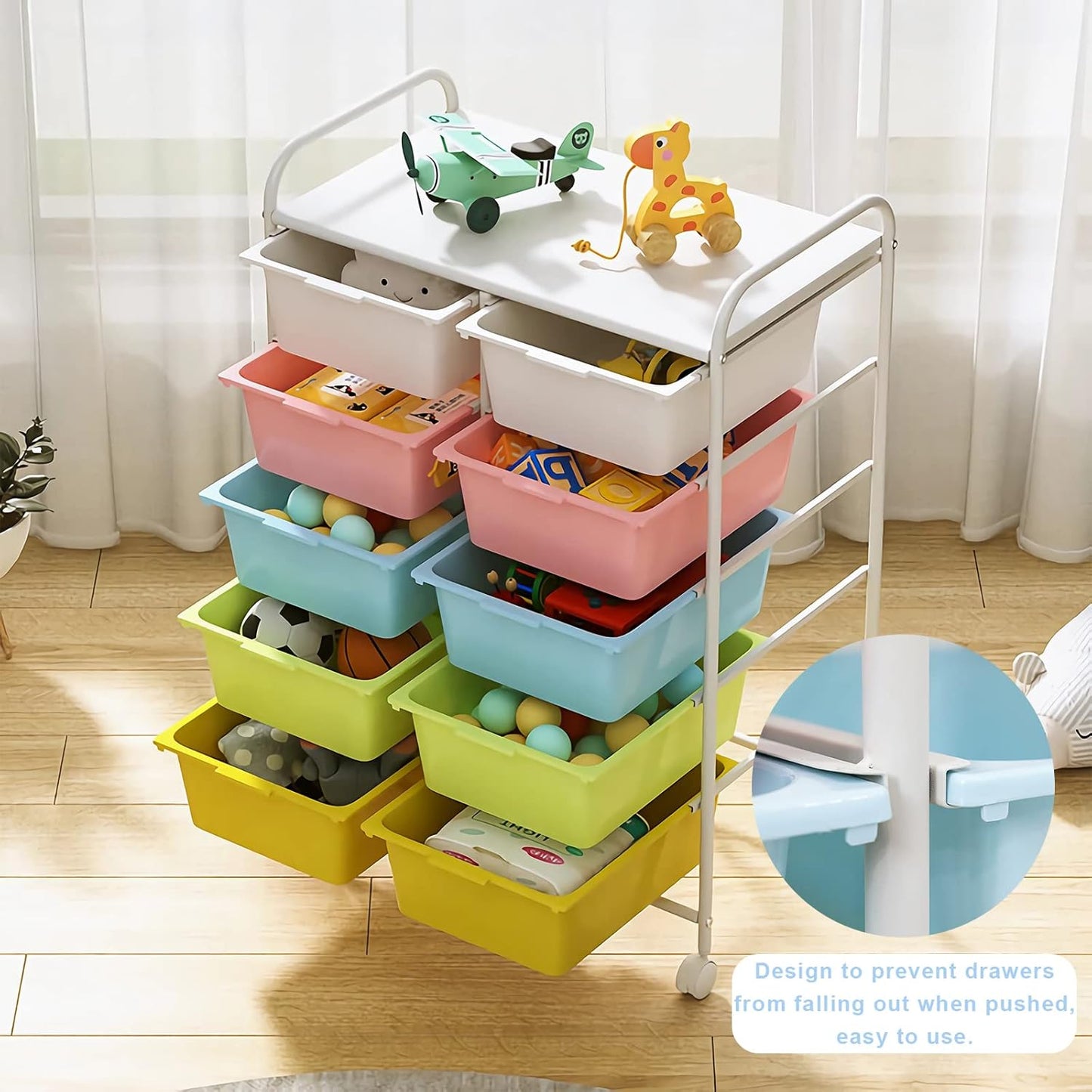 10 Drawers Rolling Storage Cart, Plastic Drawer Cart with Metal Frame, Multipurpose Art Craft Cart