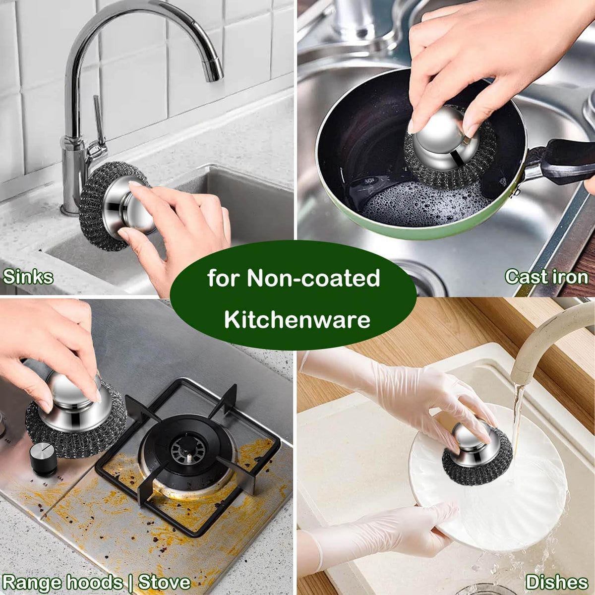Steel Wool Scrubber with 2 Handles & 3 Replacement Wire Sponge(Scouring Pads) - Stainless Metal