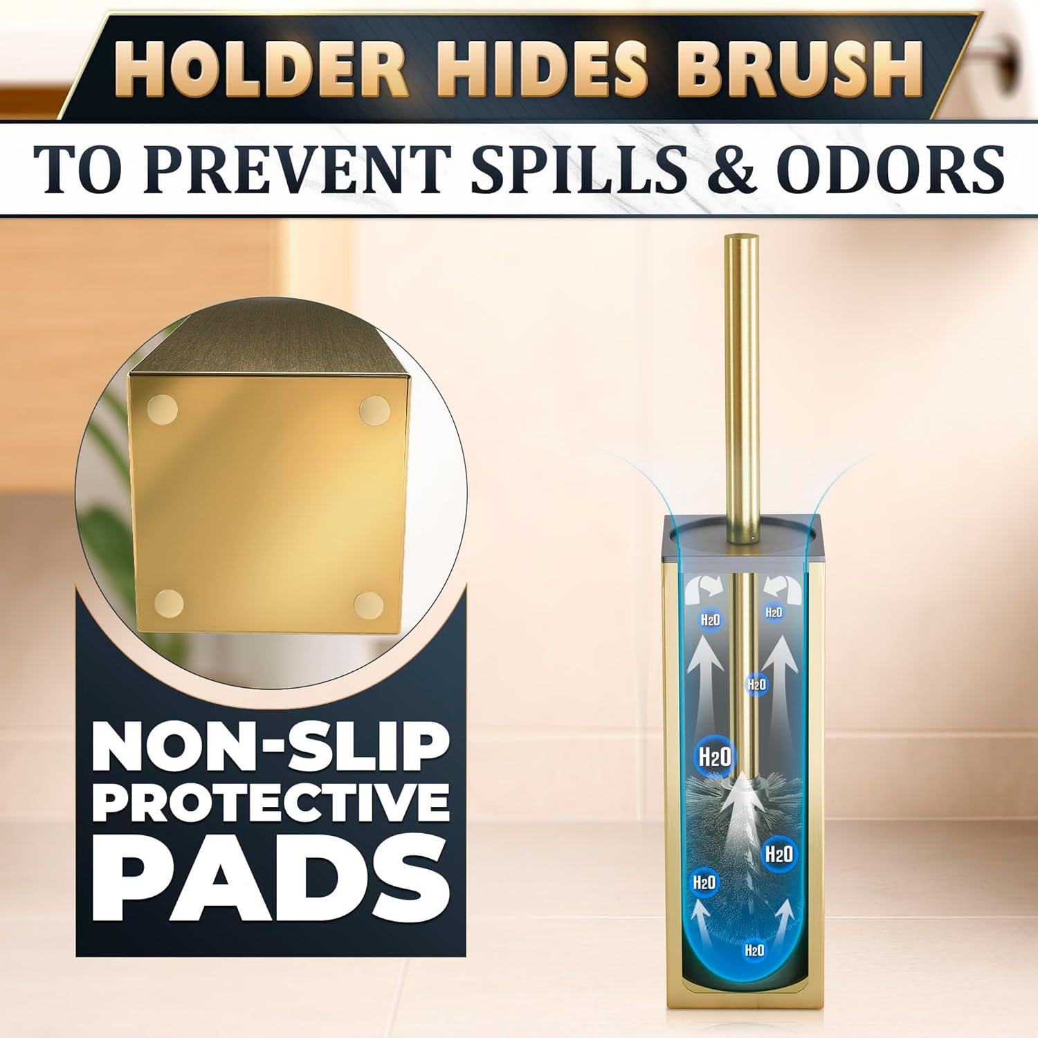 Stainless Steel Toilet Brush and Holder Set Gold & Square Design - Corrosion and Scratch-Resistant