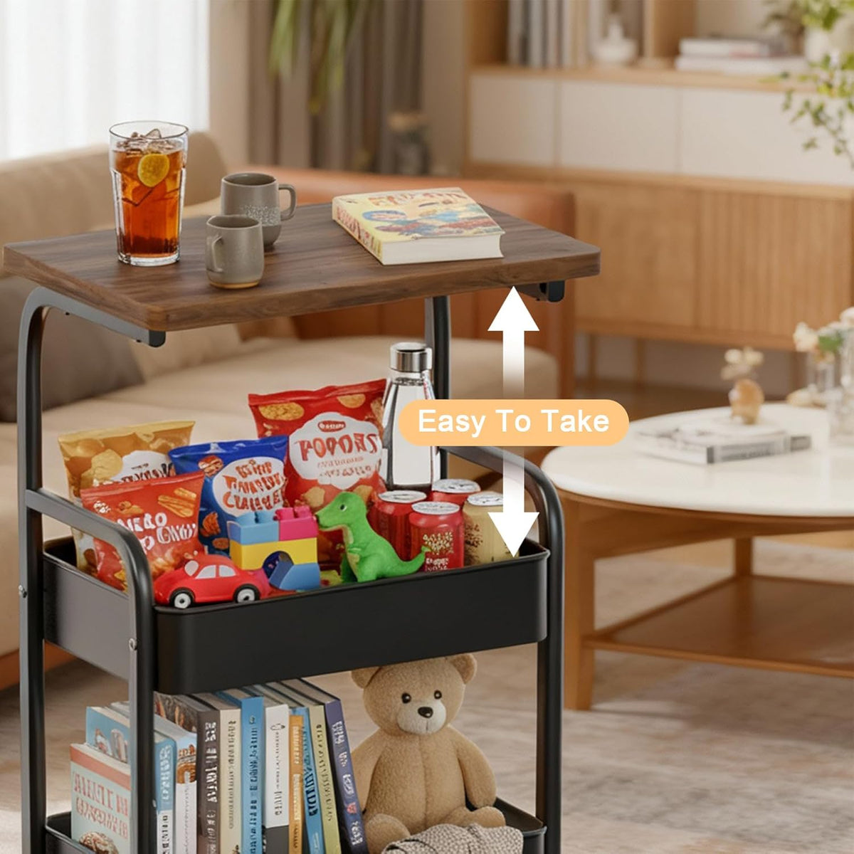 Rolling Cart with Wooden Tabletop 3-Tier Metal Utility Rolling Cart Storage Organizer with Lockable