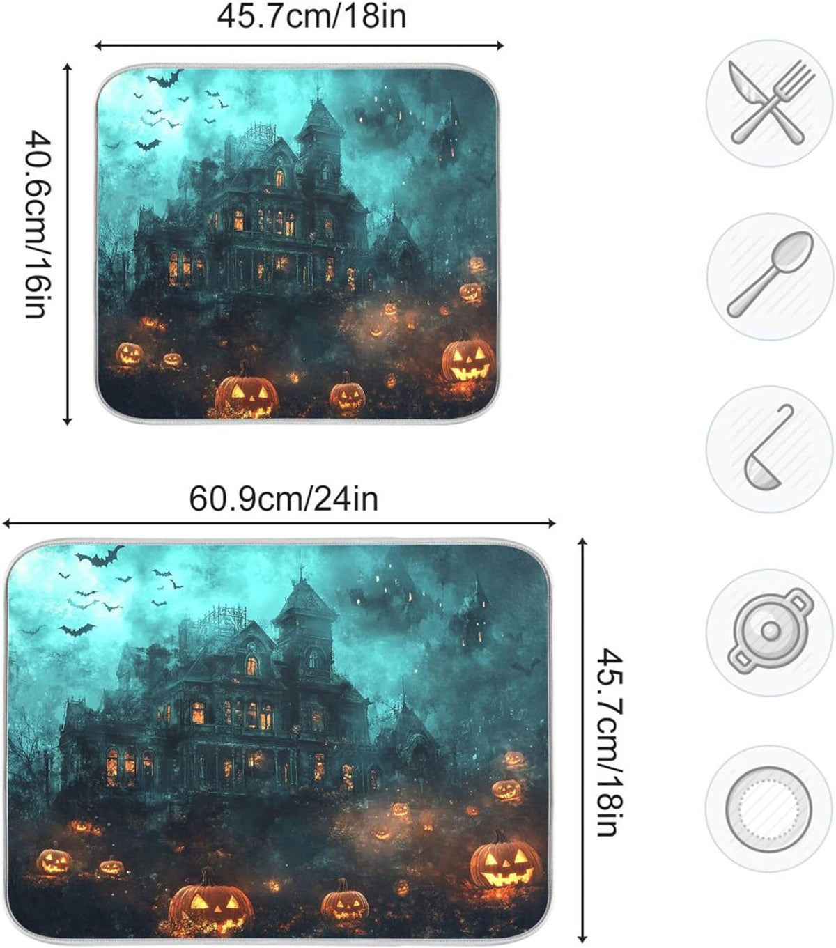 Halloween Castle Dish Drying Mat for Kitchen Countertop 18x24 Spooky Witch Pumpkin Lantern Large