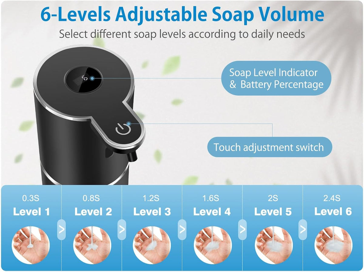 Automatic Liquid Soap Dispenser 12.8oz, Rechargeable & 6 Levels Soap Adjustable with Digital