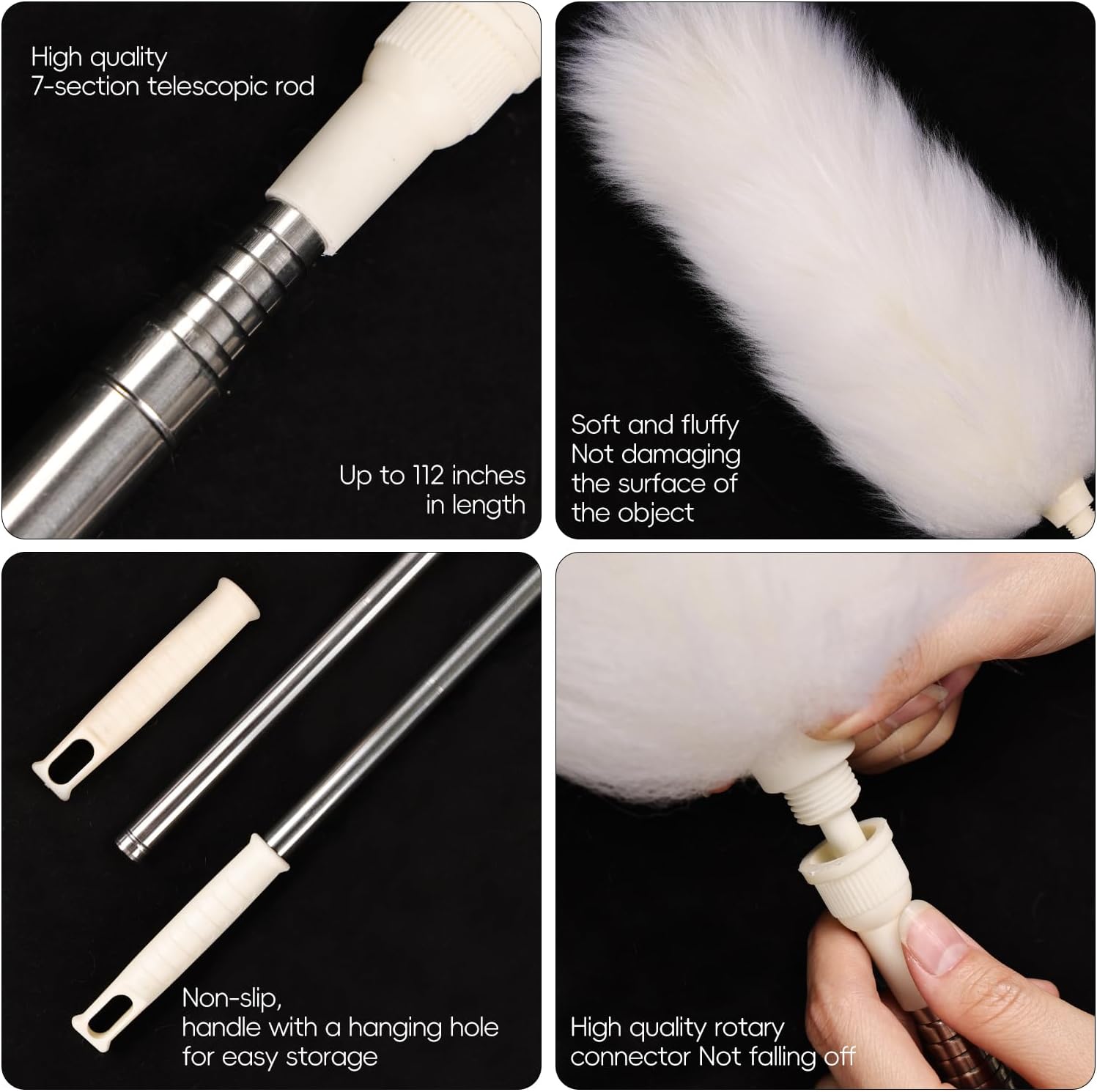 Extendable Lambswool Duster 29-110 Inch,Anti-Static Flexible Head, Stainless Steel Pole for