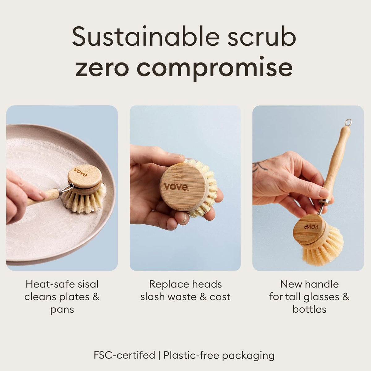 Vove Bamboo Dish Brush Replacement Heads, 4 Pack - FSC-Certified Bamboo - Natural Fiber Bristles