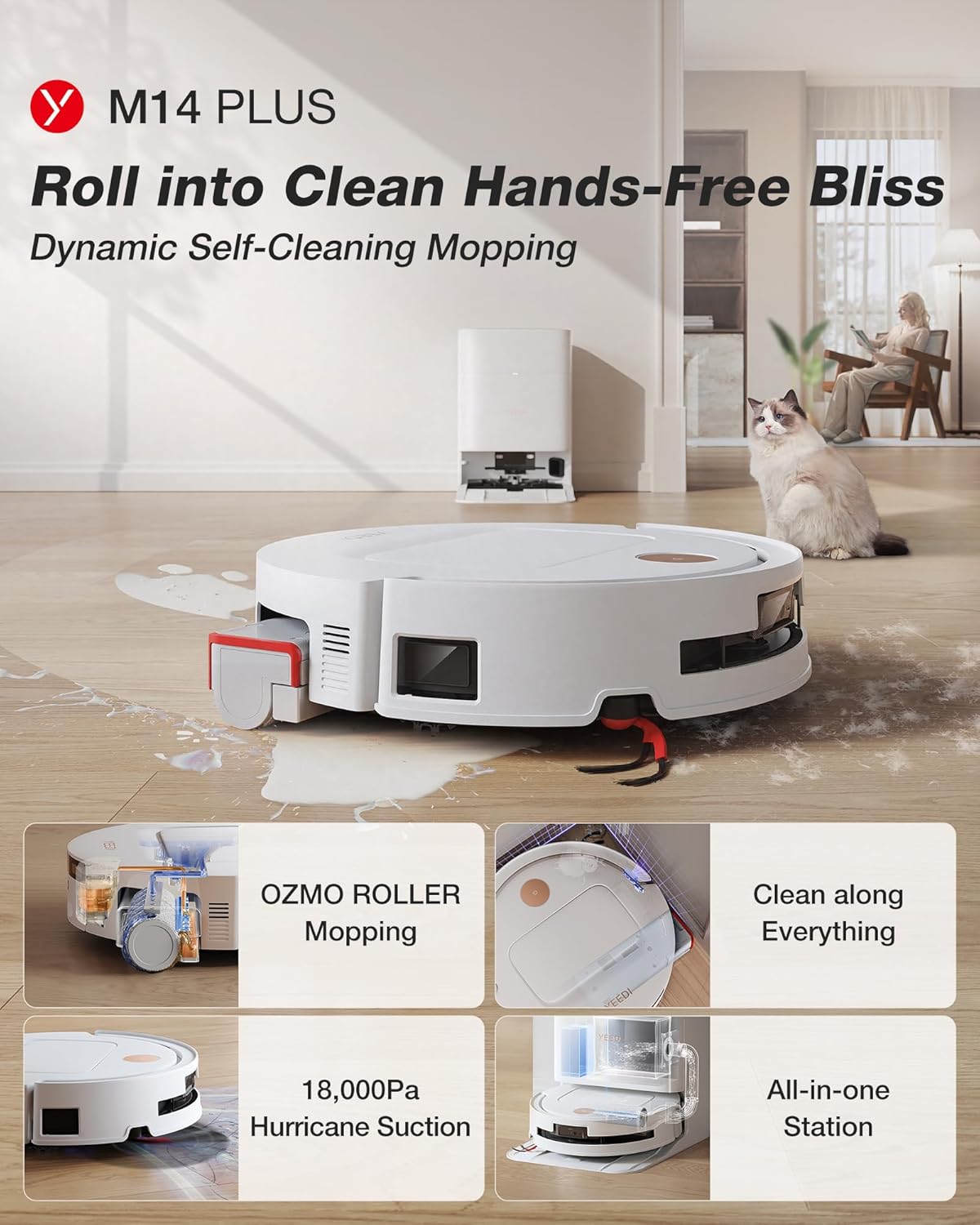 Yeedi M14 Plus Robot Vacuum and Mop with All-in-One Station, 18000Pa, OZMO Roller Instant
