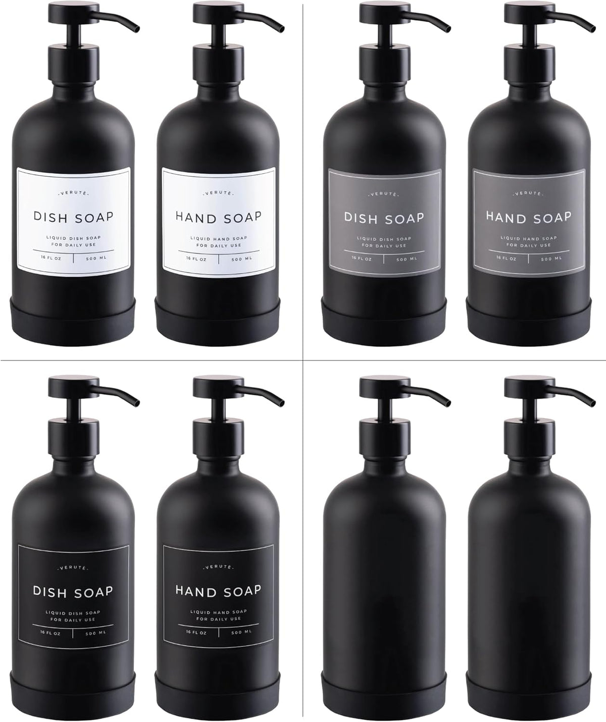 16oz Glass Soap Dispenser with Stainless Steel Pump, 21 Waterproof Labels, Non-Slip Protective