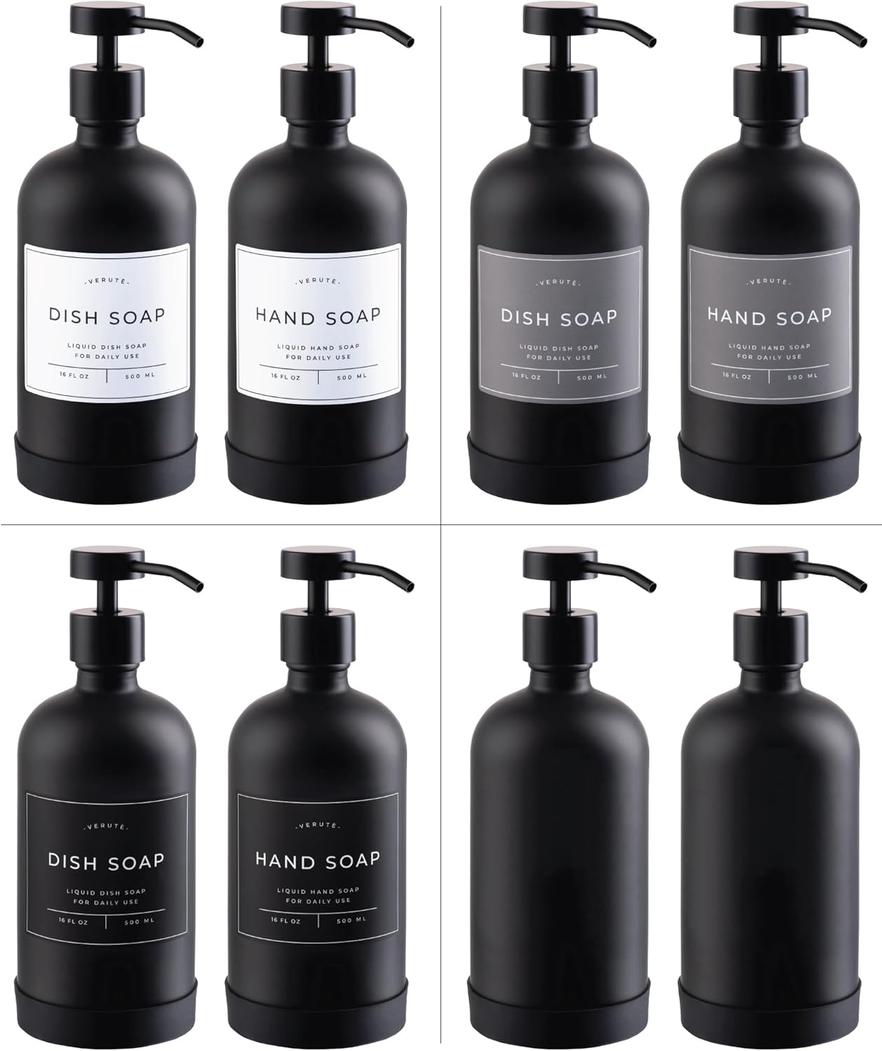 16oz Glass Soap Dispenser with Stainless Steel Pump, 21 Waterproof Labels, Non-Slip Protective