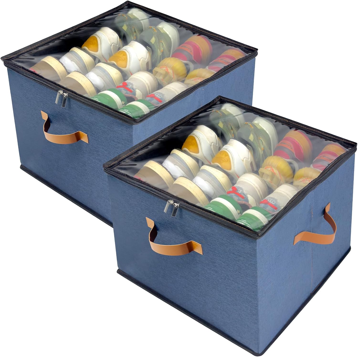 Shoe Organizer for Closet, 2 Pack Shoe Storage Bins with Clear Cover, Adjustable Dividers Fits
