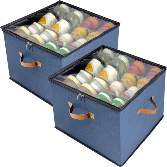 Shoe Organizer for Closet, 2 Pack Shoe Storage Bins with Clear Cover, Adjustable Dividers Fits