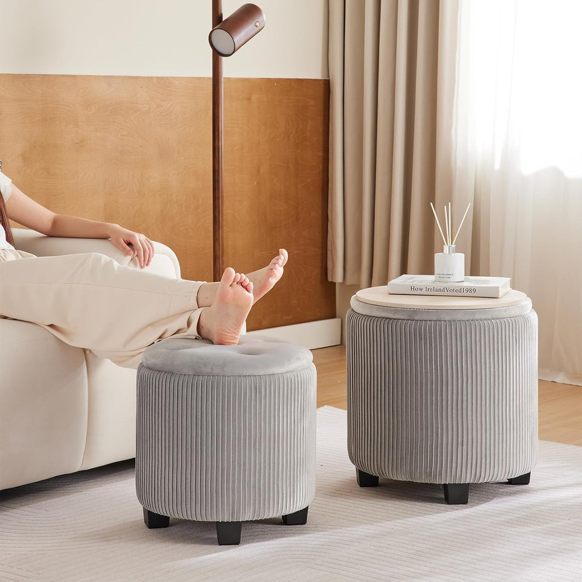Big Round Ottoman with Storage Set of 2,Upholstered Velvet Vanity Stool for Makeup Multifunctional