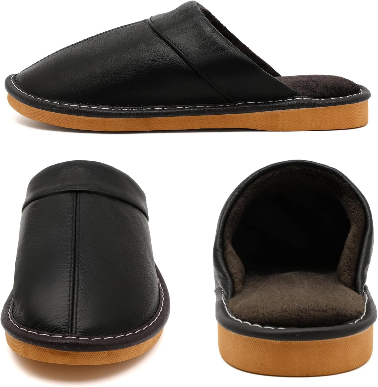 Slippers for Women Men, Genuine Leather Slippers Indoor Outdoor, Fuzzy Bedroom House Shoes for