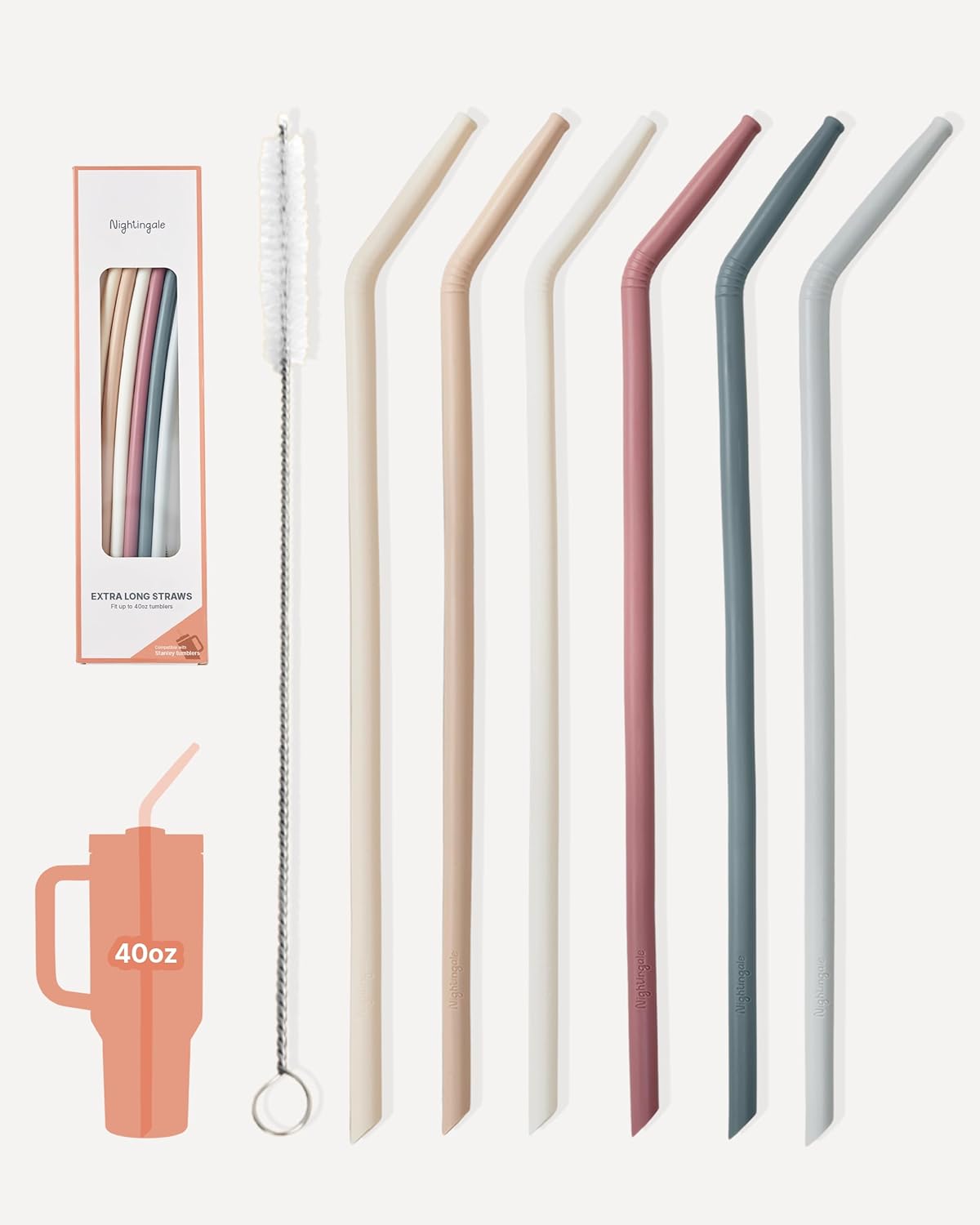 Nightingale 14” Silicone Tumbler Straws - Compatible with Stanley 40 oz cup - Reusable Flexible