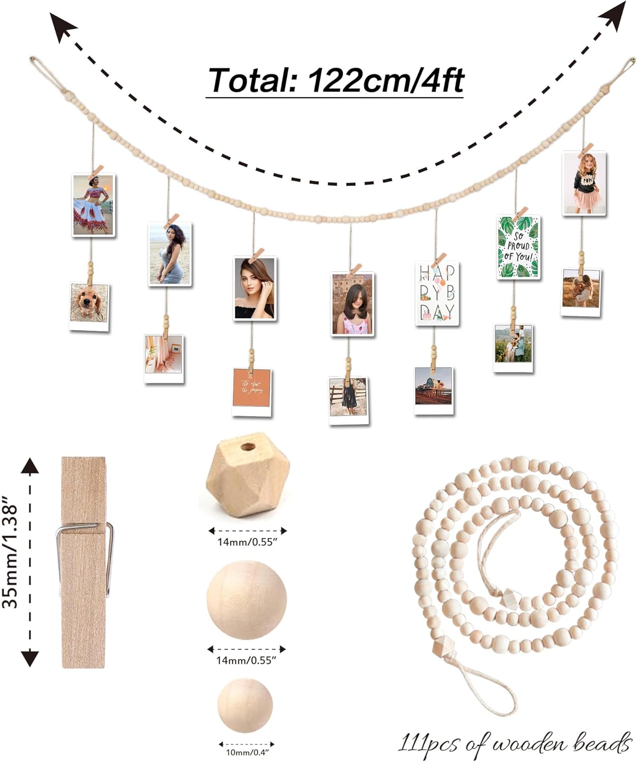 4 Feet Wooden Beads Garland with Clothespins Picture Cards Holder - Country Farmhouse Christmas