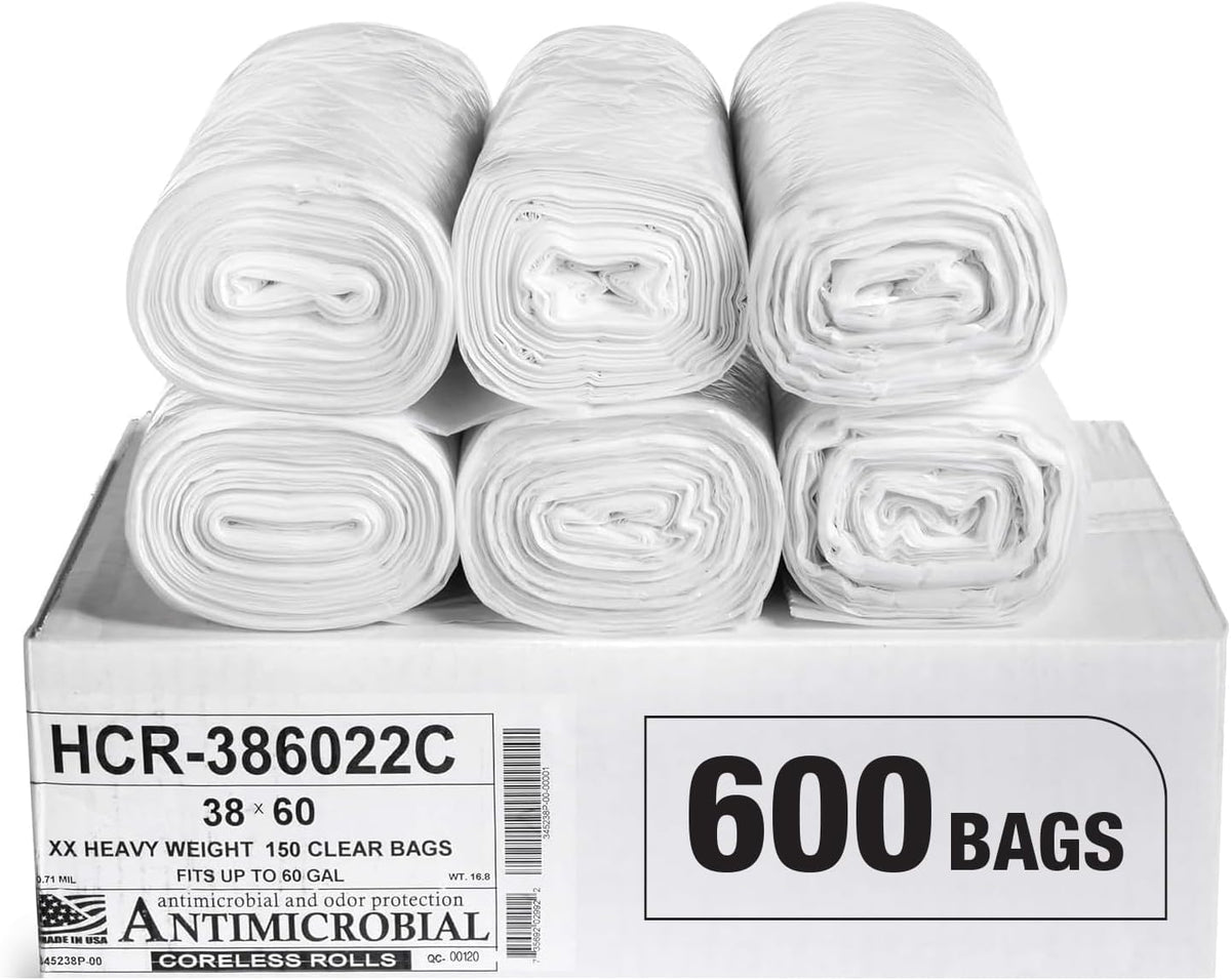 Aluf Plastics High Density Trash Bags, 60 Gallon, 600 Count, 22 Micron (eq), 38" x 60", Clear, for