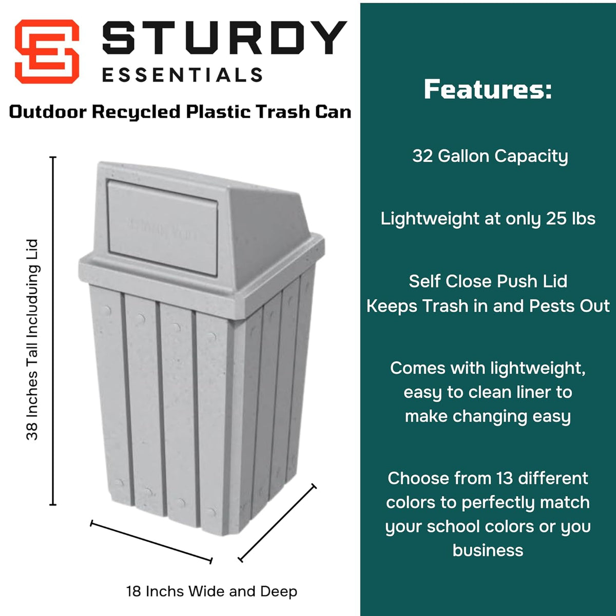 32 Gallon Square Slatted 100% Recycled Plastic Heavy-Duty Commercial Outdoor and Indoor Trash Can