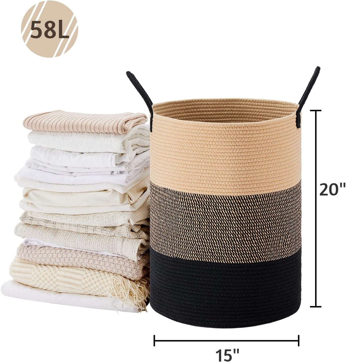VIPOSCO Large Laundry Hamper, Tall Woven Rope Storage Basket for Blanket, Toys, Dirty Clothes in