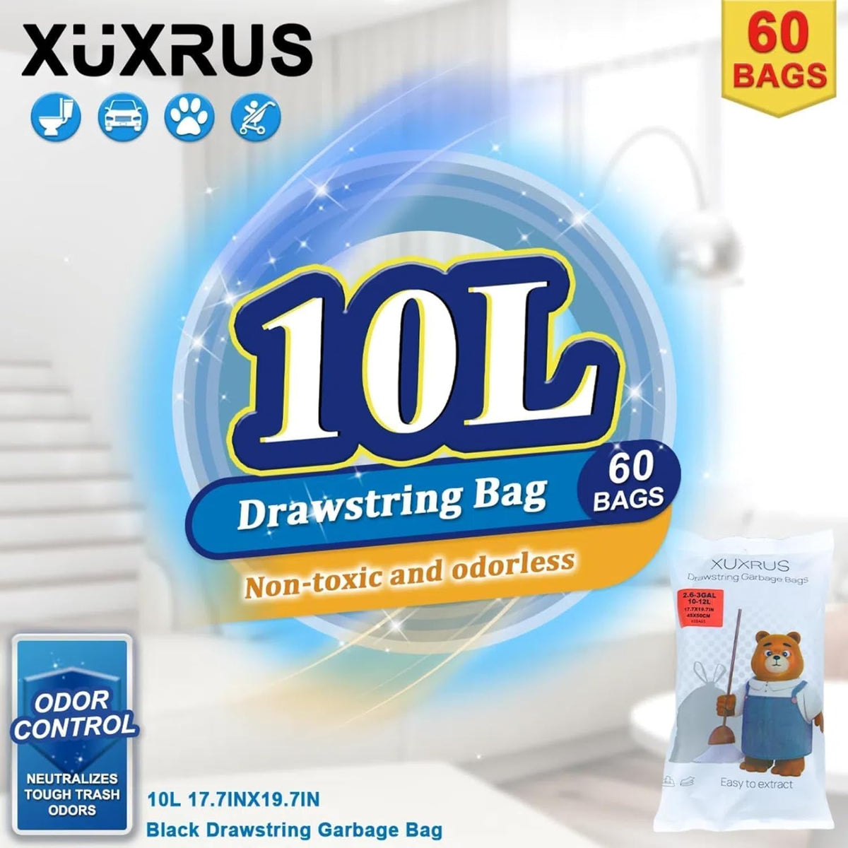 XUXRUS 2.6-3 Gallon Black Bathroom Drawstring Trash Bags - 60 Count Folded Small Garbage Bags