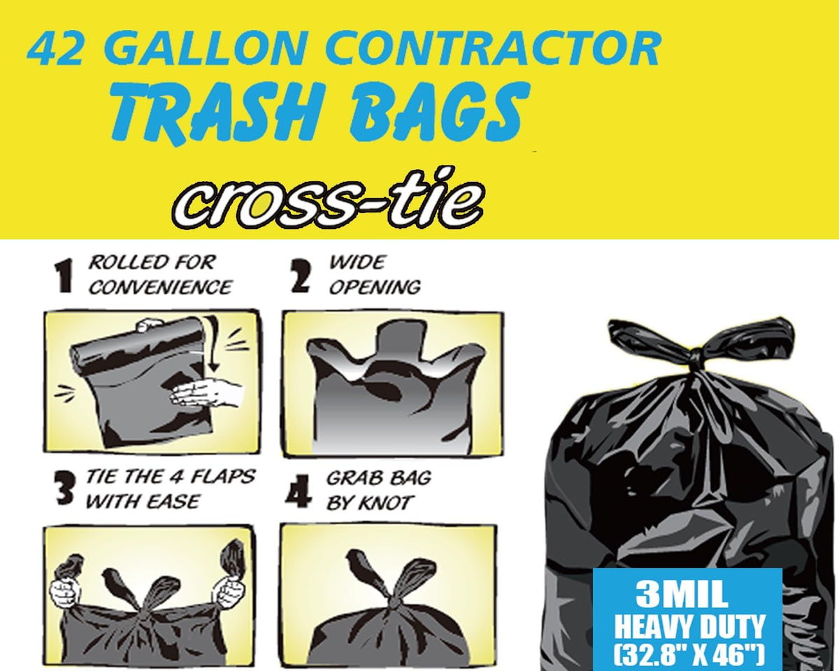 Contractor Heavy Duty Trash Bags 42 Gallon | 52 Count | 3 MIL | 32.8" X 46" | Large Black Flap Tie