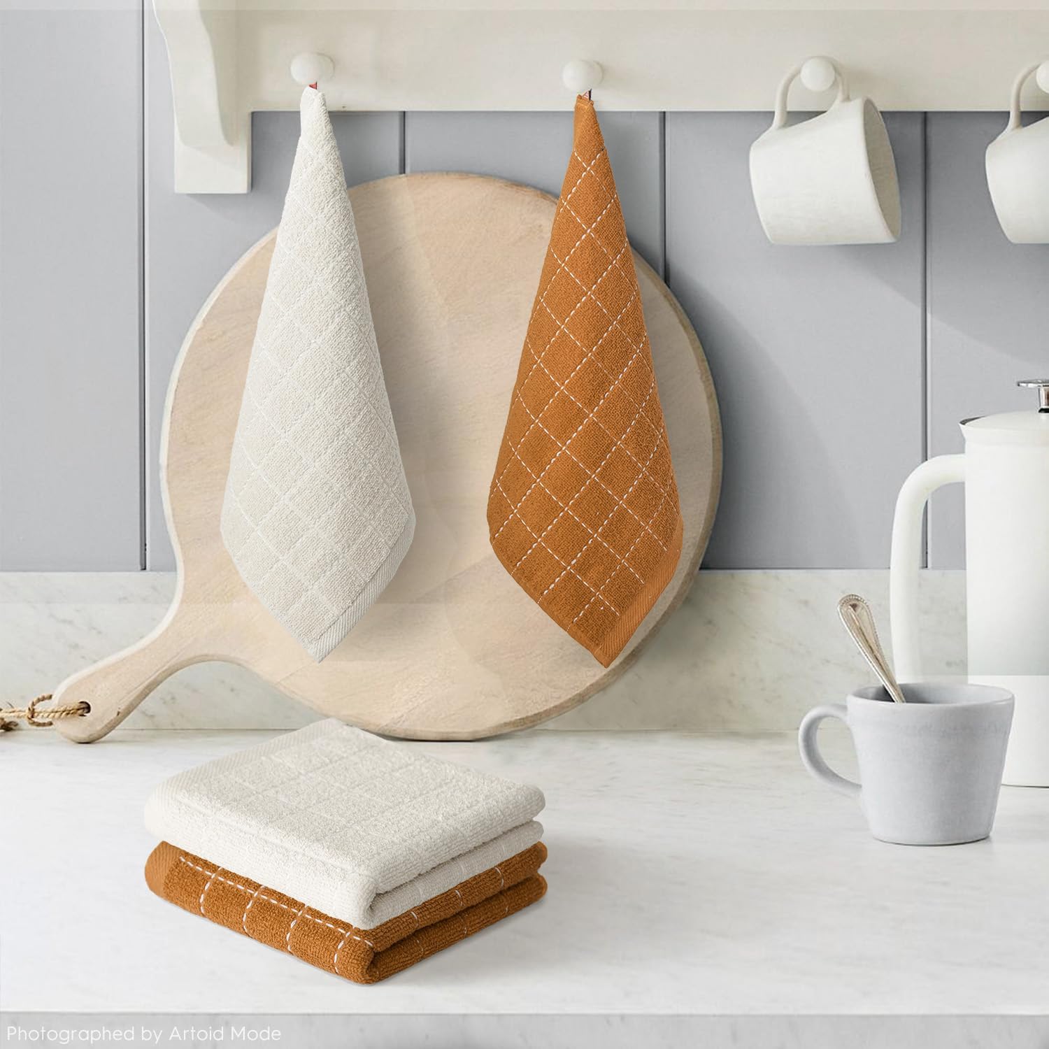 Artoid Mode Checkered Designed Cotton Beige Caramel Terry Kitchen Dish Cloths, 12x12 Inch Soft