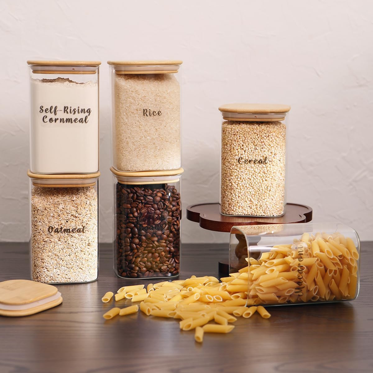 6 Pcs Square Glass Pantry Storage Containers with Bamboo Airtight Lid and 248 Clear Pantry Labels