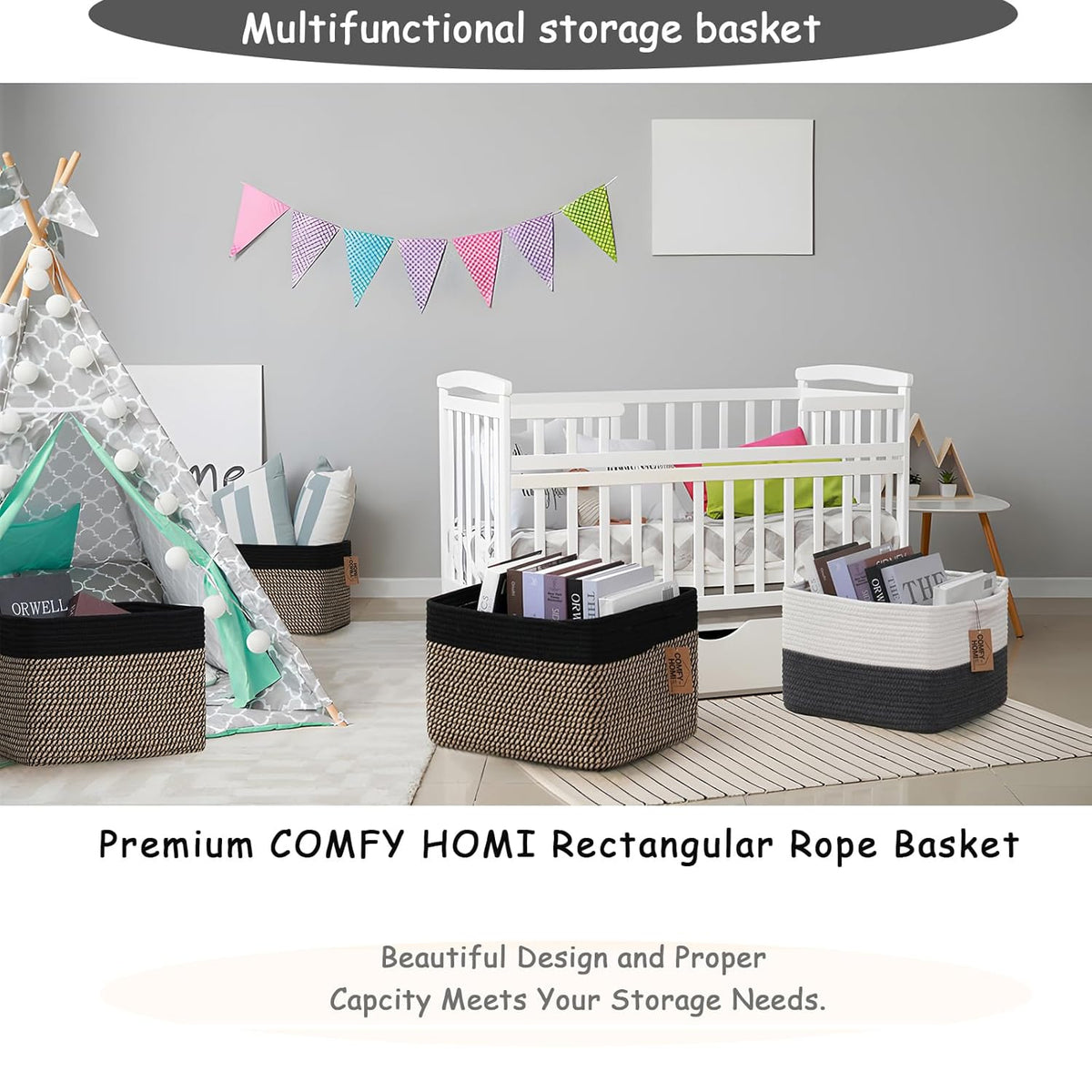 COMFY-HOMI 3PACK Cotton Rope Square Basket with Handles for Shelves|Dog Toy Bin and Storage|Baby