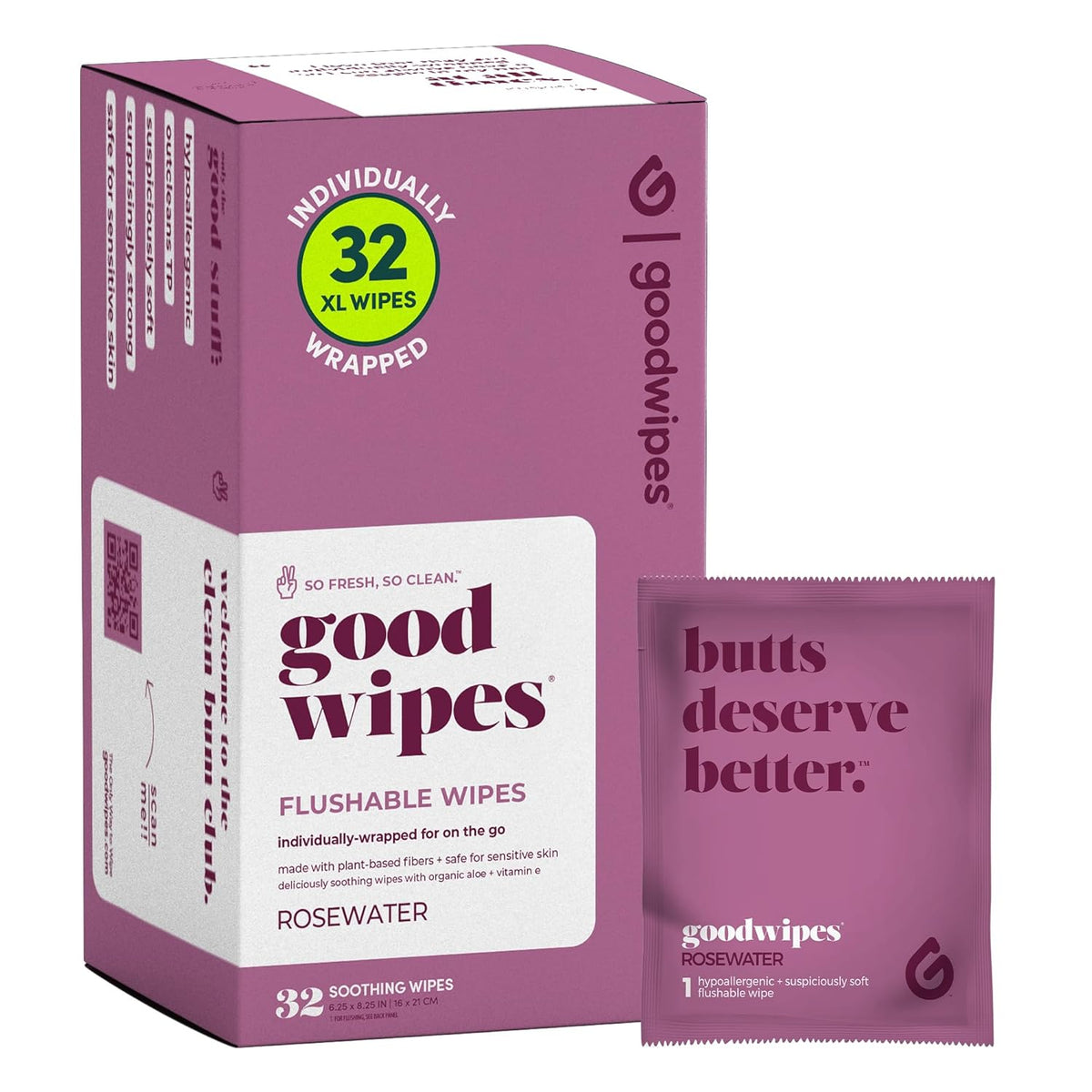Goodwipes Flushable Wipes – Made with Vitamin E & Aloe – Soft, Individually Wrapped Butt & Feminine