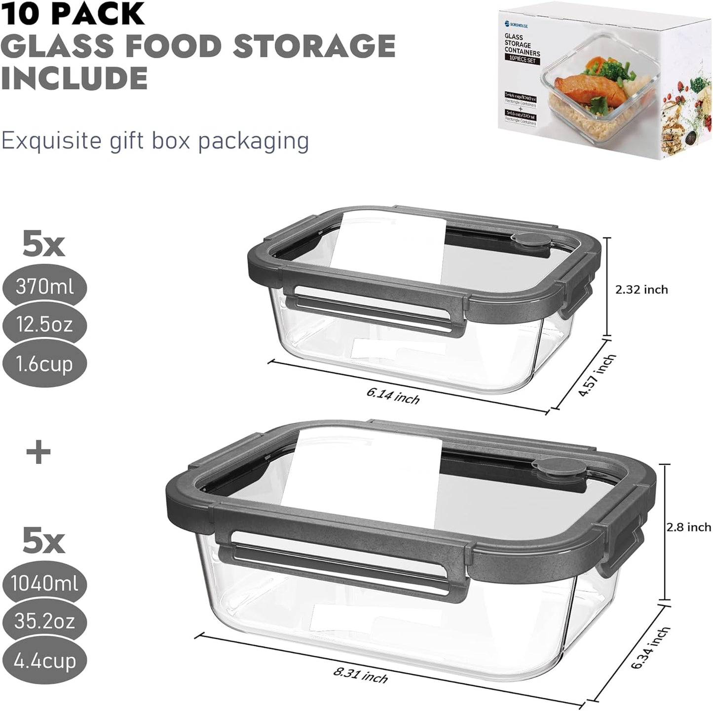 10-Pack Glass Food Storage Containers with Tempered Lids – Borosilicate, Airtight, Oven-Safe