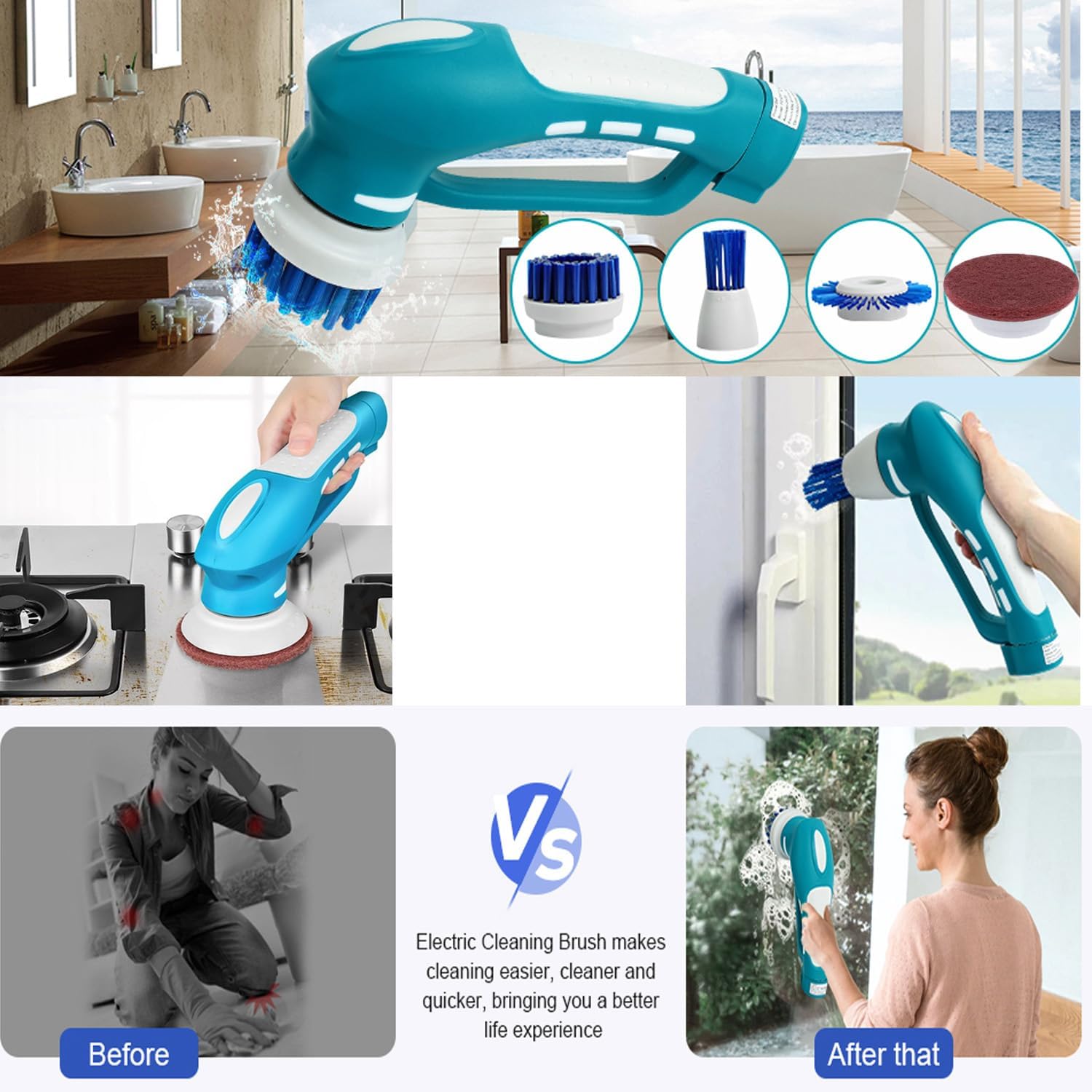 Electric Scrubber Power Cordless, Portable 360 Handheld Washing Cleaning Machine with 6 Replaceable