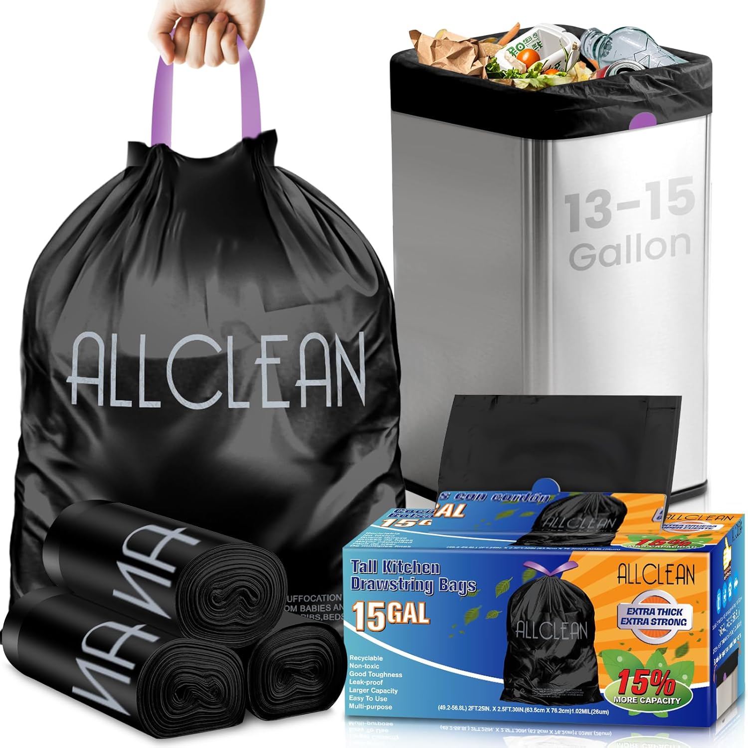 Trash Bags 15 Gallon Tall Kitchen Drawstring Garbage Bags,Fit 13-15 Gal Bins,Extra