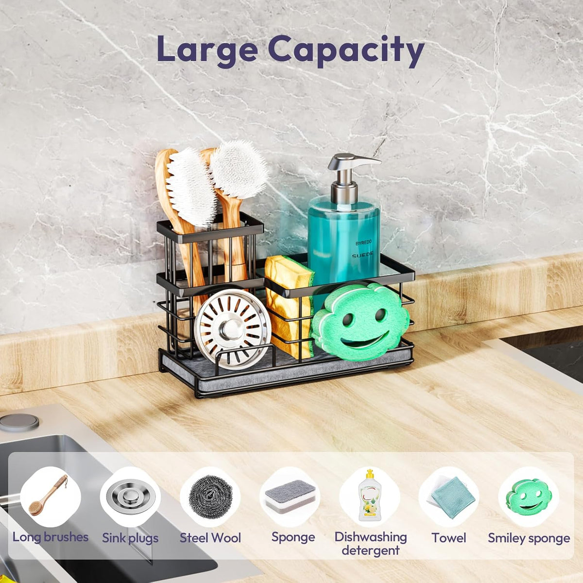 SWTYMIKI Kitchen Sink Caddy Organizer, Quick Dry Smiley Face Sponge Holder with Instant Drying