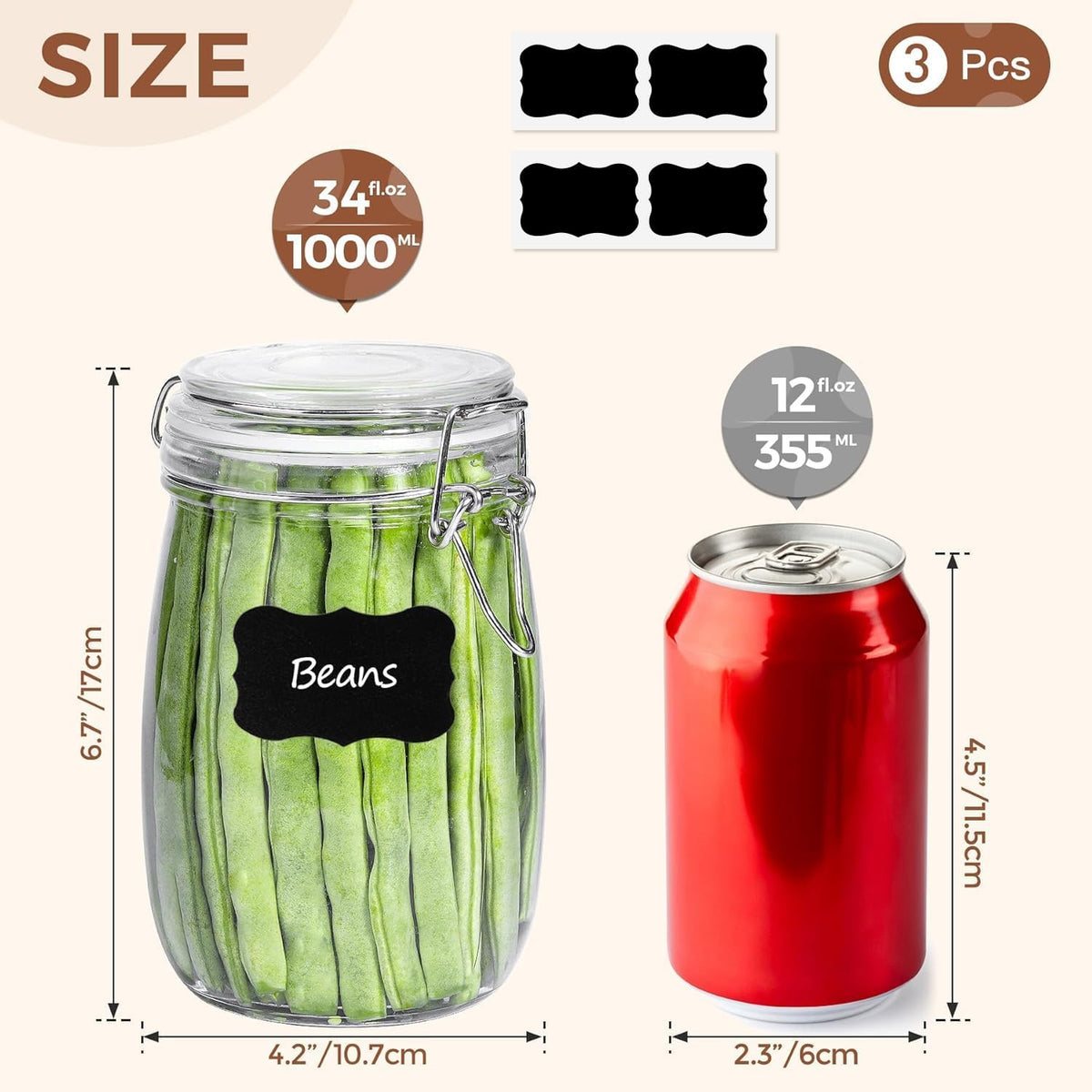 ComSaf Airtight Glass Canister Set of 3 with Lids 34oz Food Storage Jar Round - Storage Container