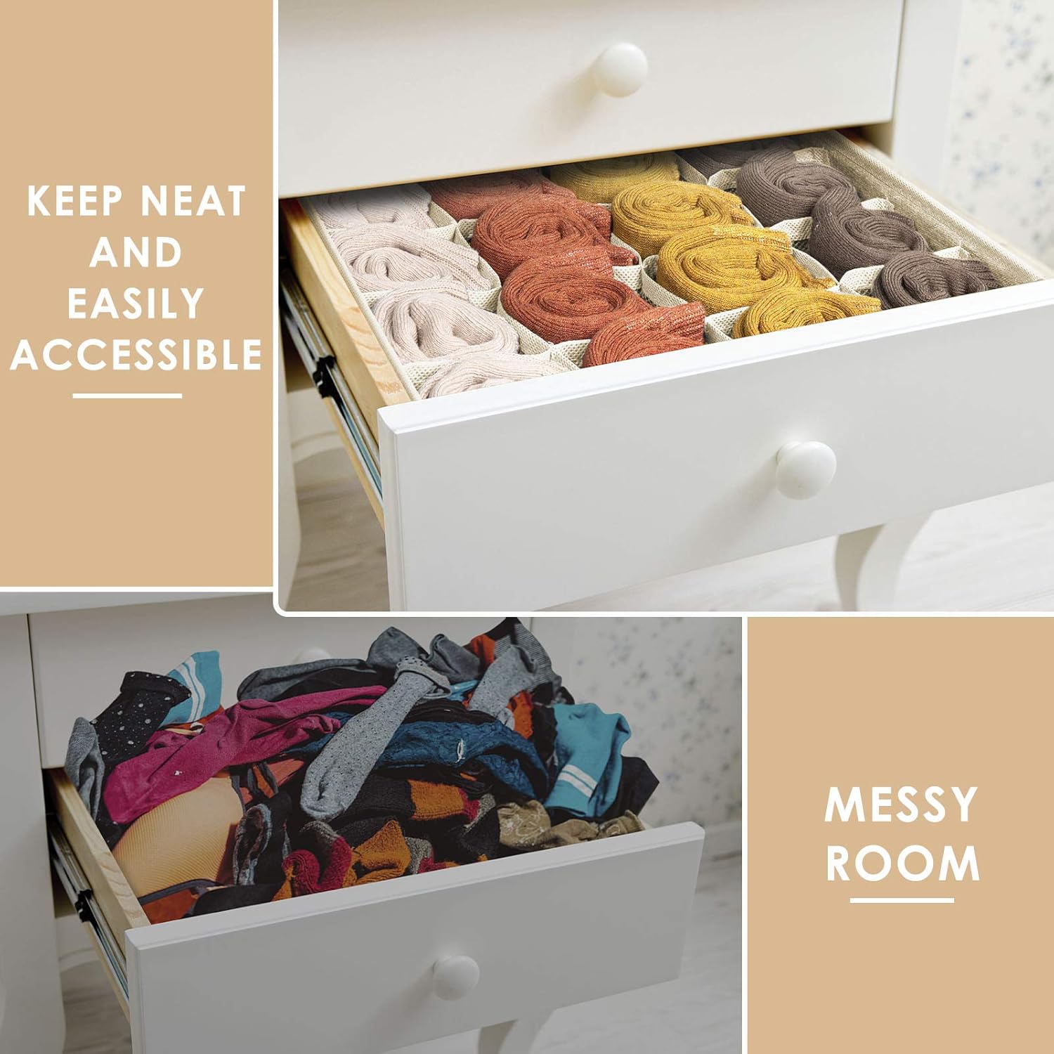 Criusia 3 Pack Sock Underwear Drawer Organizer Dividers, 64 Cell Fabric Foldable Cabinet Dresser