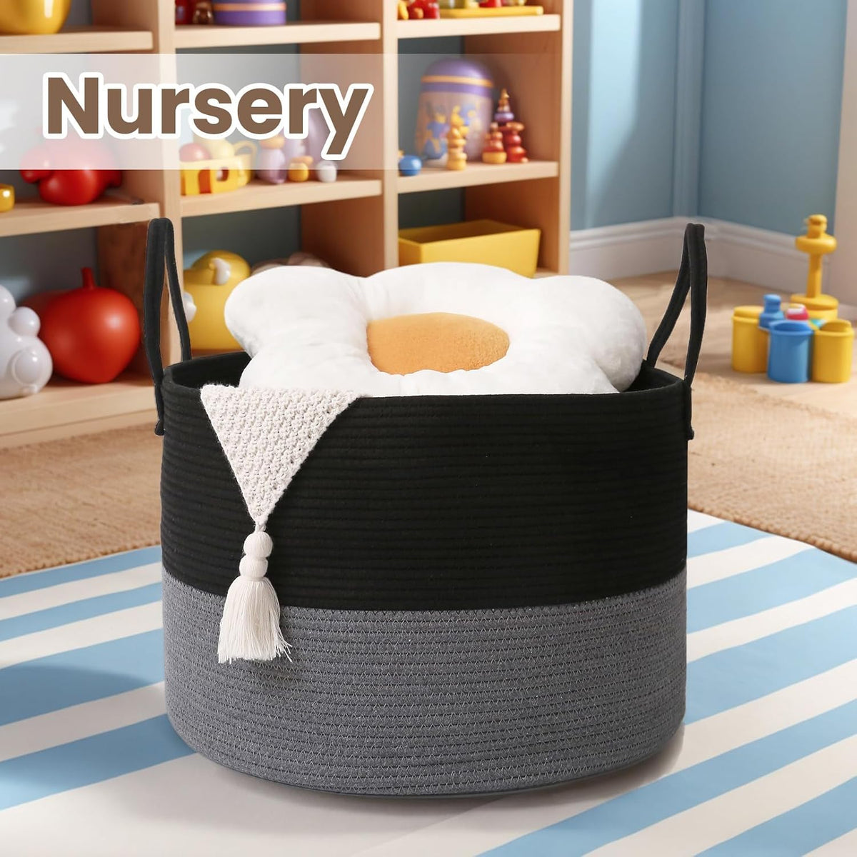 Woven Blanket Basket,115L Large Rope Storage Bin with Handles, Organizer for Blankets Toys Book and