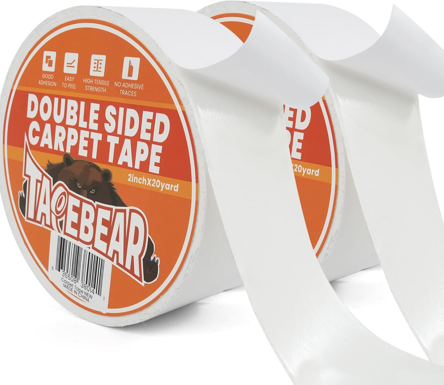 TAPEBEAR Double Sided Carpet Tape 2Inch x 20Yards x 2Rolls, Heavy Duty Rug Tape Residue-Free Carpet