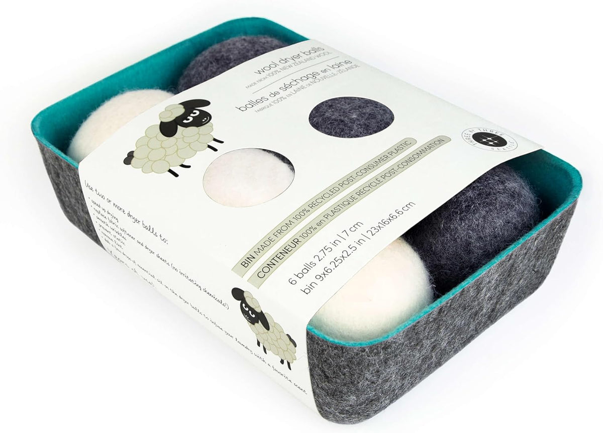 Three by Three Seattle Felt·Like·it!™ Wool Dryer Balls + Storage Bin: Reduce Drying Time, Static