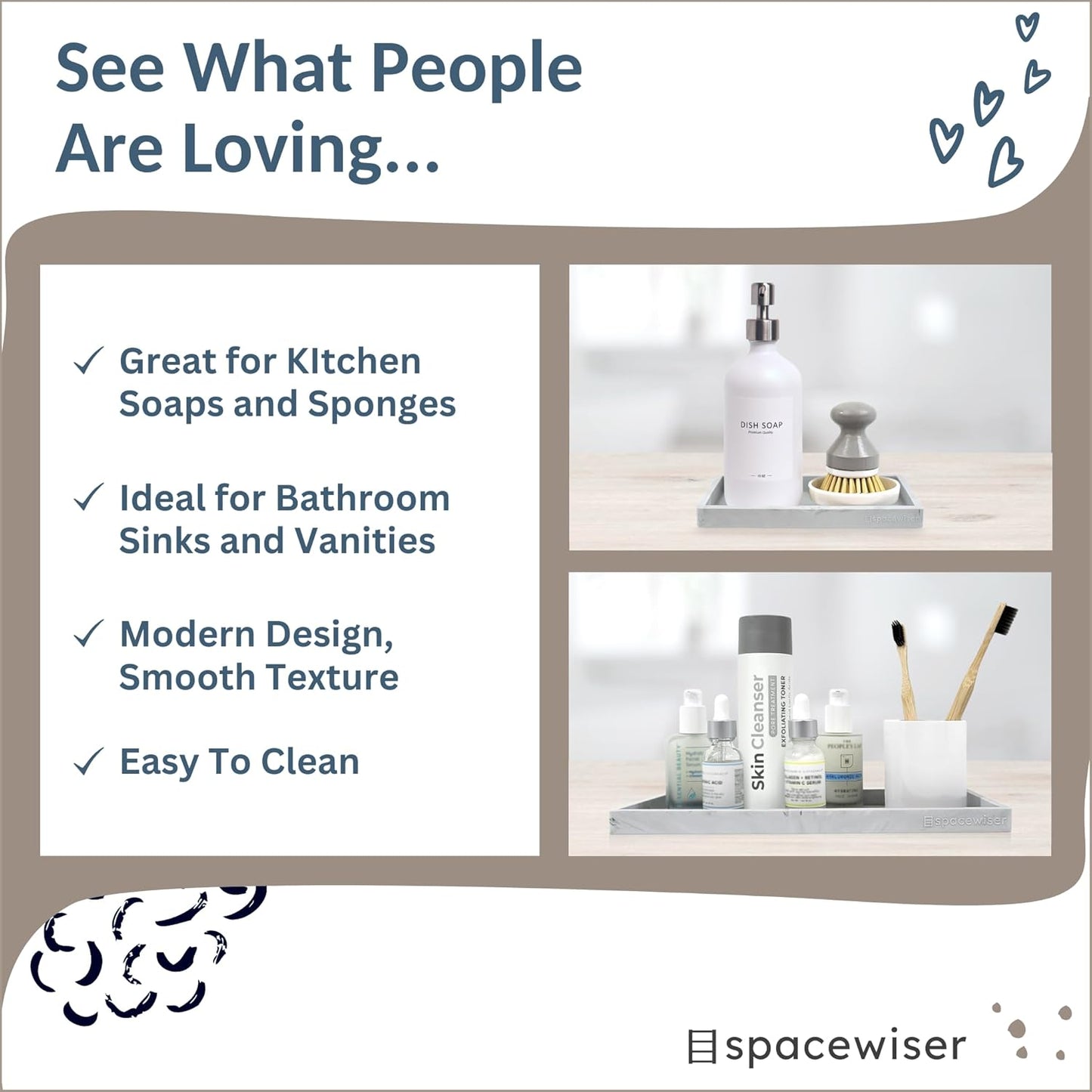 Countertop and Vanity Tray - 2 PC (11” and 7”) Shatterproof Silicone Kitchen and Bathroom Trays for