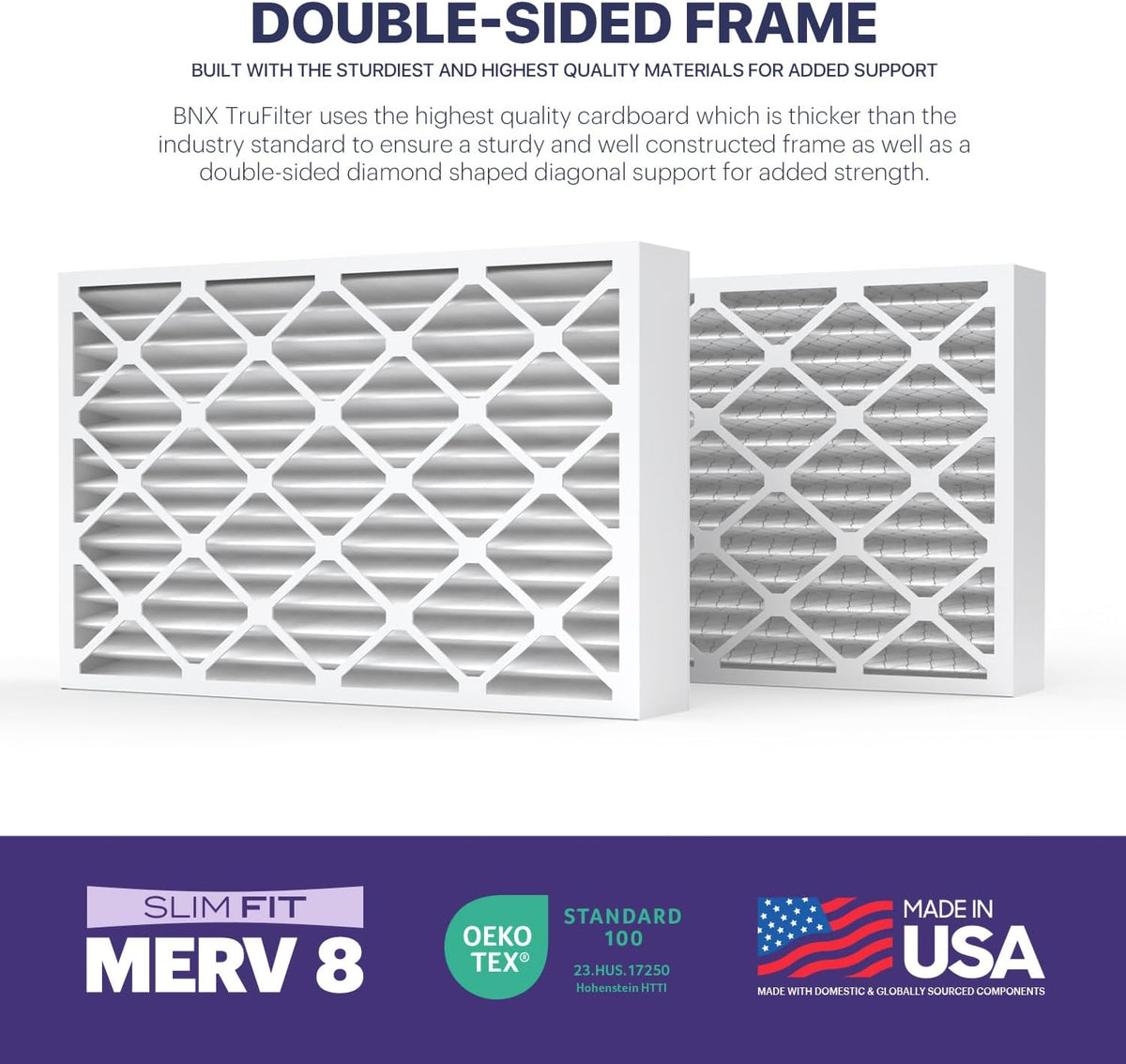 BNX TruFilter 20x25x4 (19.5’’ x 24.5’’ x 3.63‘’ Slim Fit) MERV 8 Air Filter 2-Pack - MADE IN USA