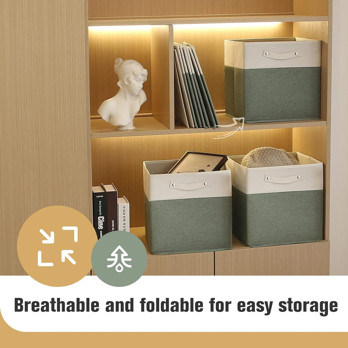 13 x 13 Inch Fine Linen Storage Bins with Handles，Fabric Cube Boxs，Collapsible Basket Organizers