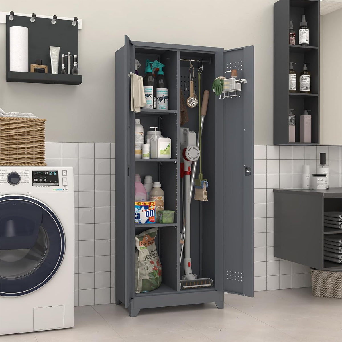 Broom Closet Storage Cabinet, Steel Locking Cabinet with Hanging Rod, 65" Cleaning Storage with