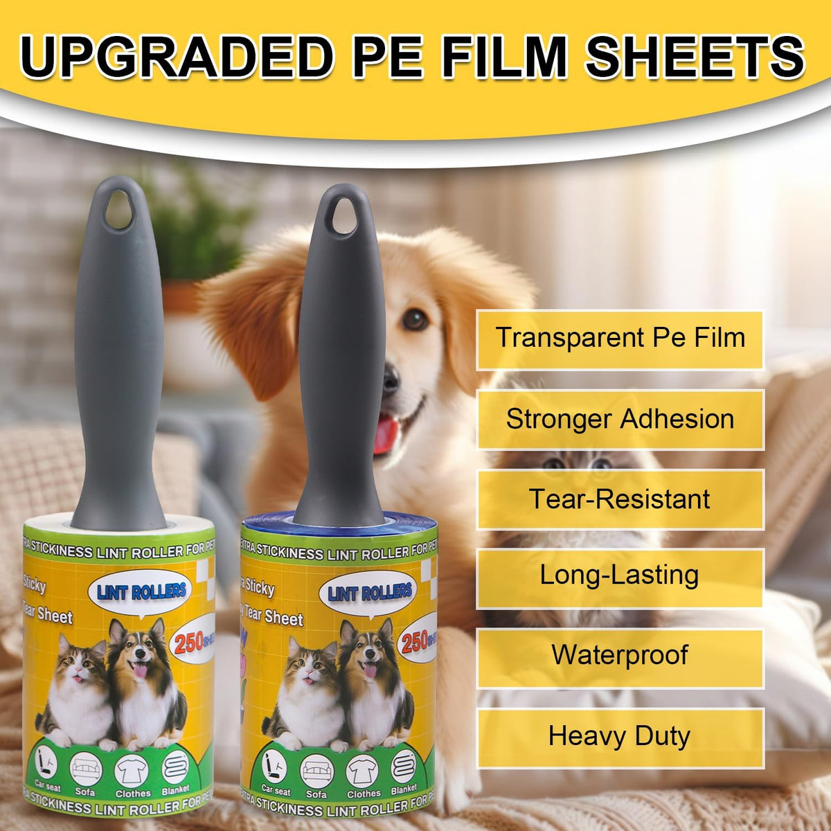 Lint Rollers 2 Pack for Pet Hair 500 Sheets Extra Sticky Pet Hair Remover for Clothes Furniture