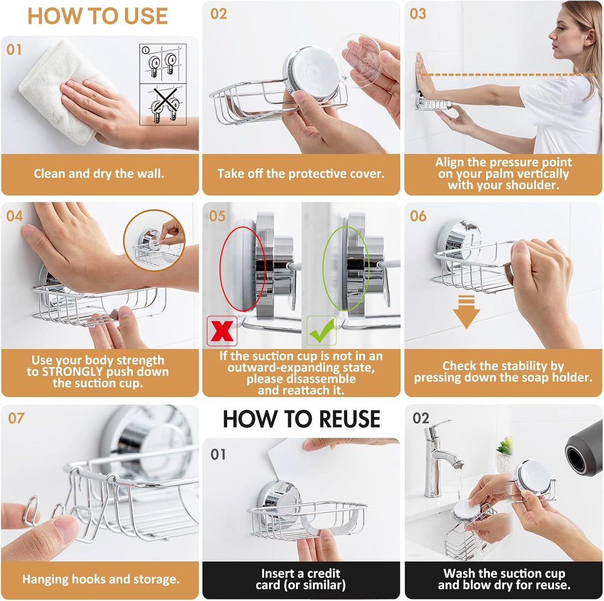 LEVERLOC Bar Soap Holder Dish with Hooks, Soap Tray Suction Cup Wall Mounted for Shower, Stainless