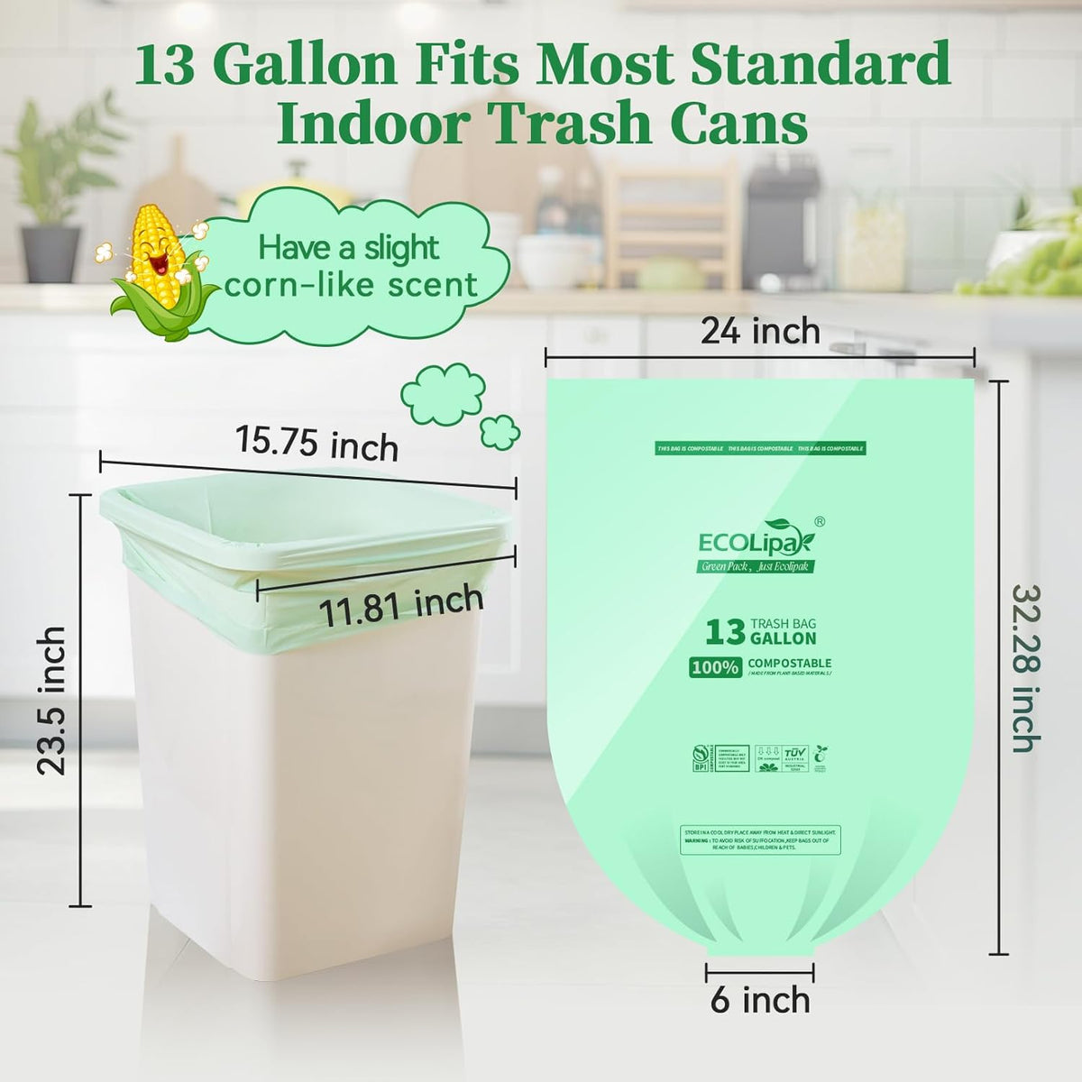 ECOLipak 13 Gallon Compostable Trash Garbage Bags, 100 Count (2 Rolls) Biodegradable Heavy Duty