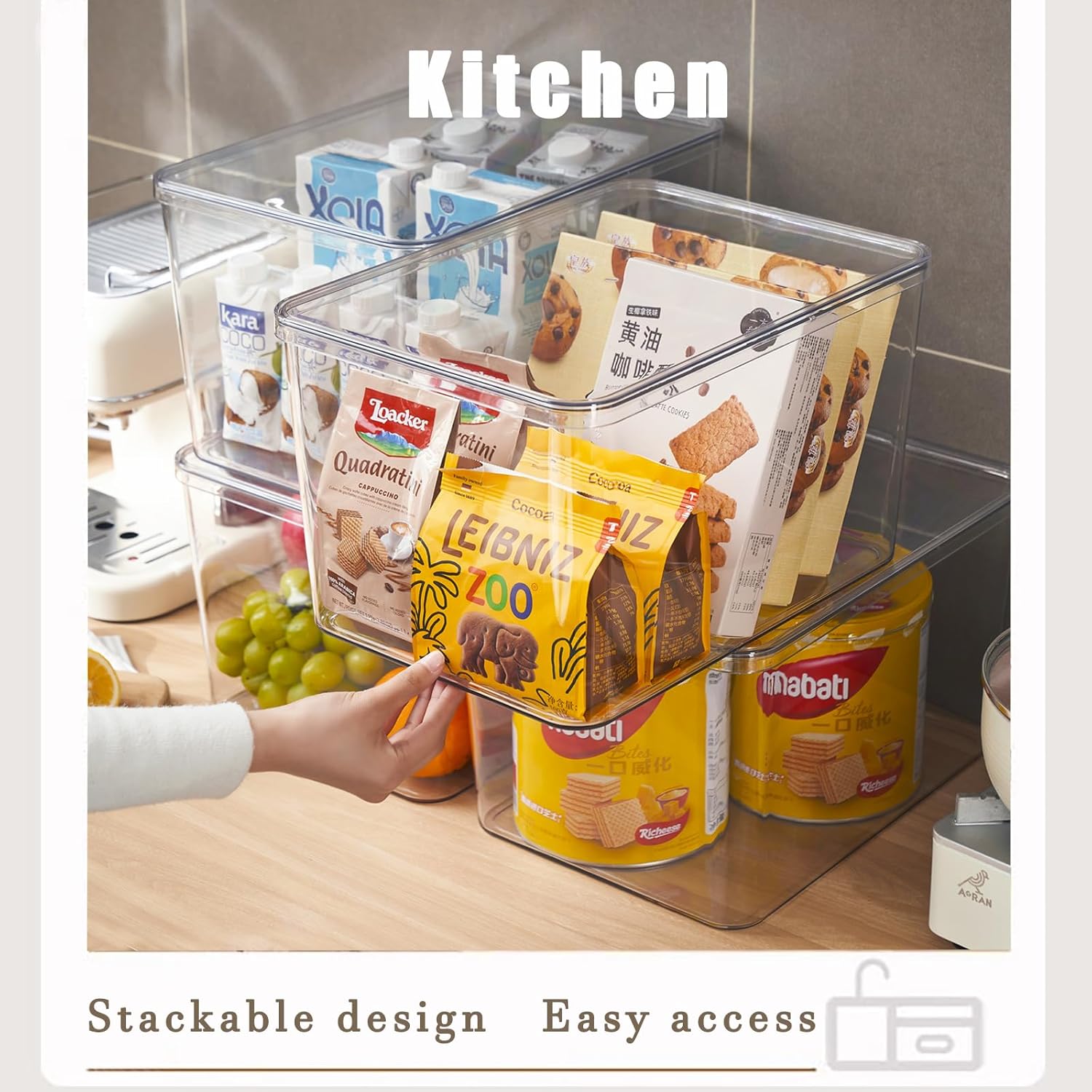 Clear plastic storage bins with LIDS-3packs,storage containers for snacks, cosmetics, books, dog