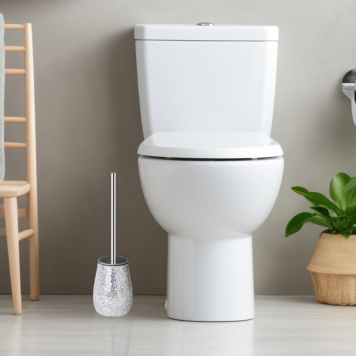 Escenzy Modern Toilet Brush and Holder Set Mosaic Glass | Non-Rustic Stainless Steel | Practical &